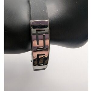 Unisex Stainless Steel Black Rubber Geometric Pattern Cuff Bracelet